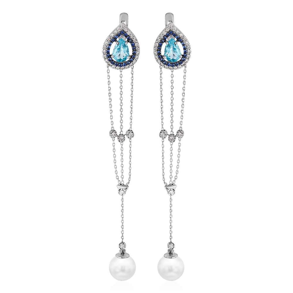 Серьги с сапфиром, жемчугом, бриллиантами из белого золота 585 пробы, фото № 1