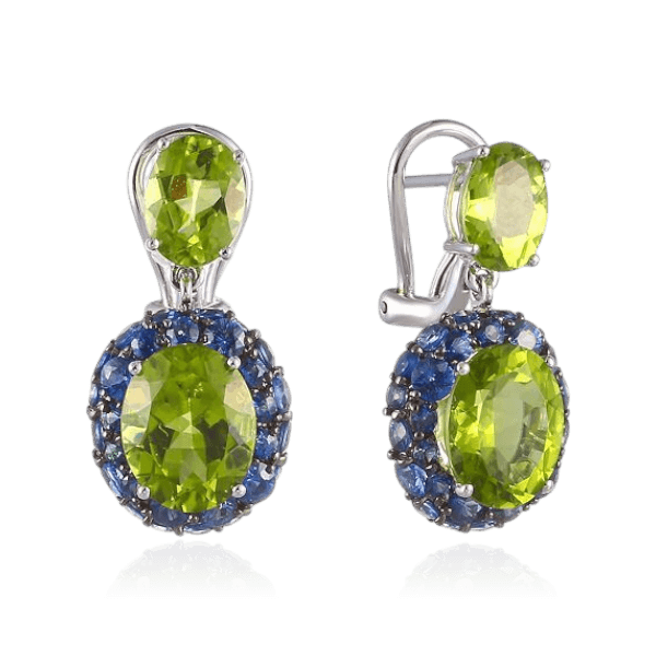 Серьги с сапфиром, перидотом из белого золота 585 пробы (арт. 133817)