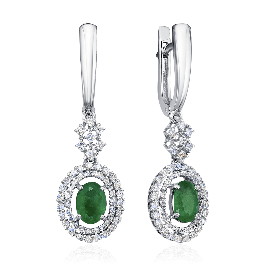 Серьги с изумрудом, бриллиантами из белого золота 585 пробы, фото № 1