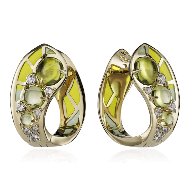 Серьги Libelle с хризолитом, белыми сапфирами, эмалью из желтого золота 585 пробы, фото № 1