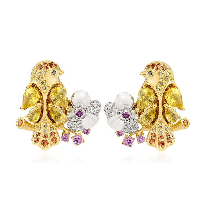 Серьги с бриллиантами, цветными сапфирами из желтого золота 750 пробы, фото № 1