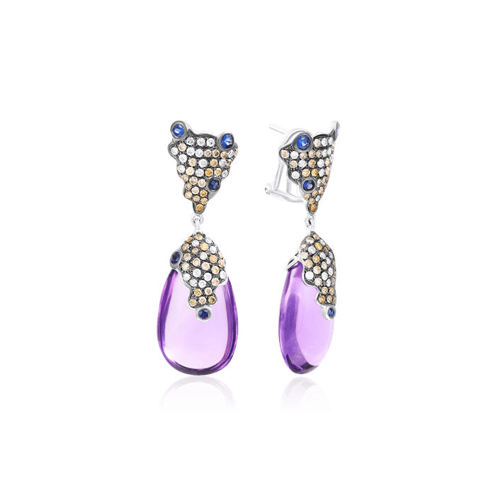 Серьги с сапфиром, бриллиантами, аметистом из белого золота 750 пробы (арт. 65625)