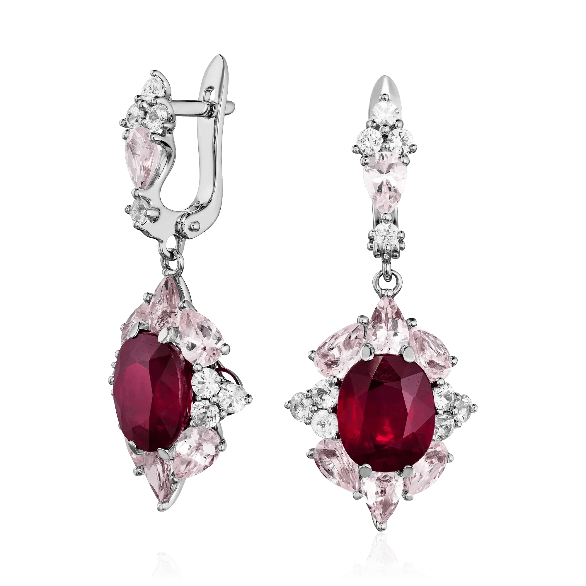 Серьги с рубином, сапфиром, морганитом из белого золота 750 пробы (арт. 128391)