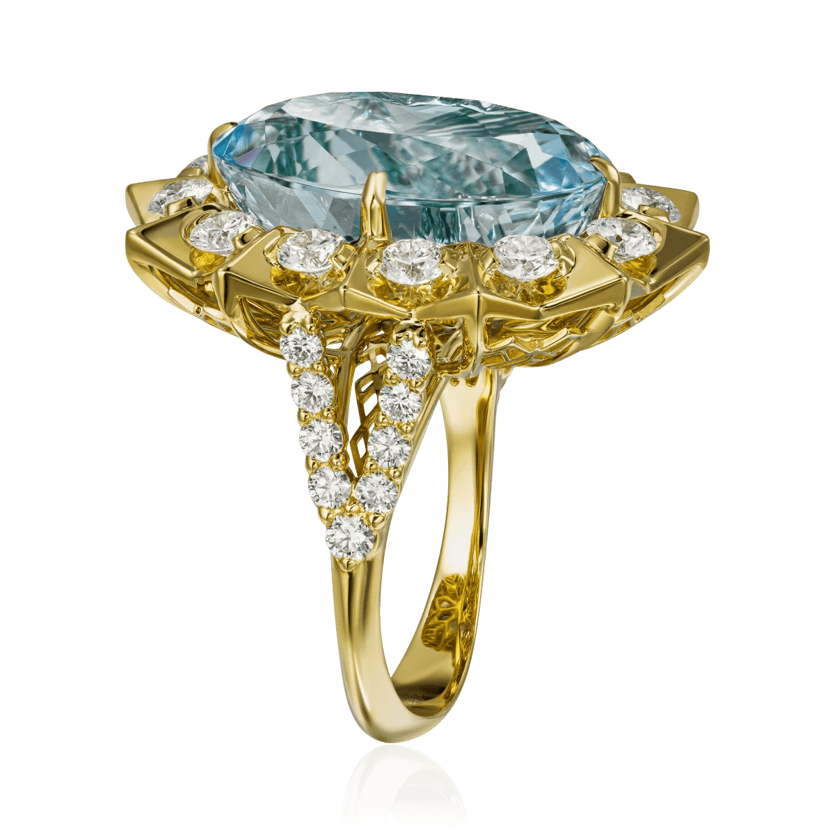Кольцо с аквамарином, бриллиантами  из желтого золота 750 пробы, фото № 2