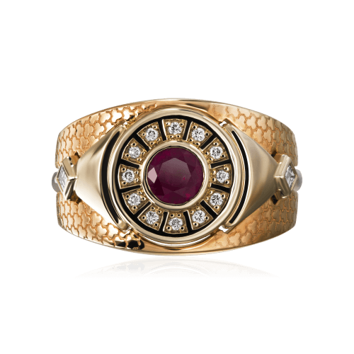 Мужское кольцо с рубином, бриллиантами из комбинированного золота 585 проб, фото № 2