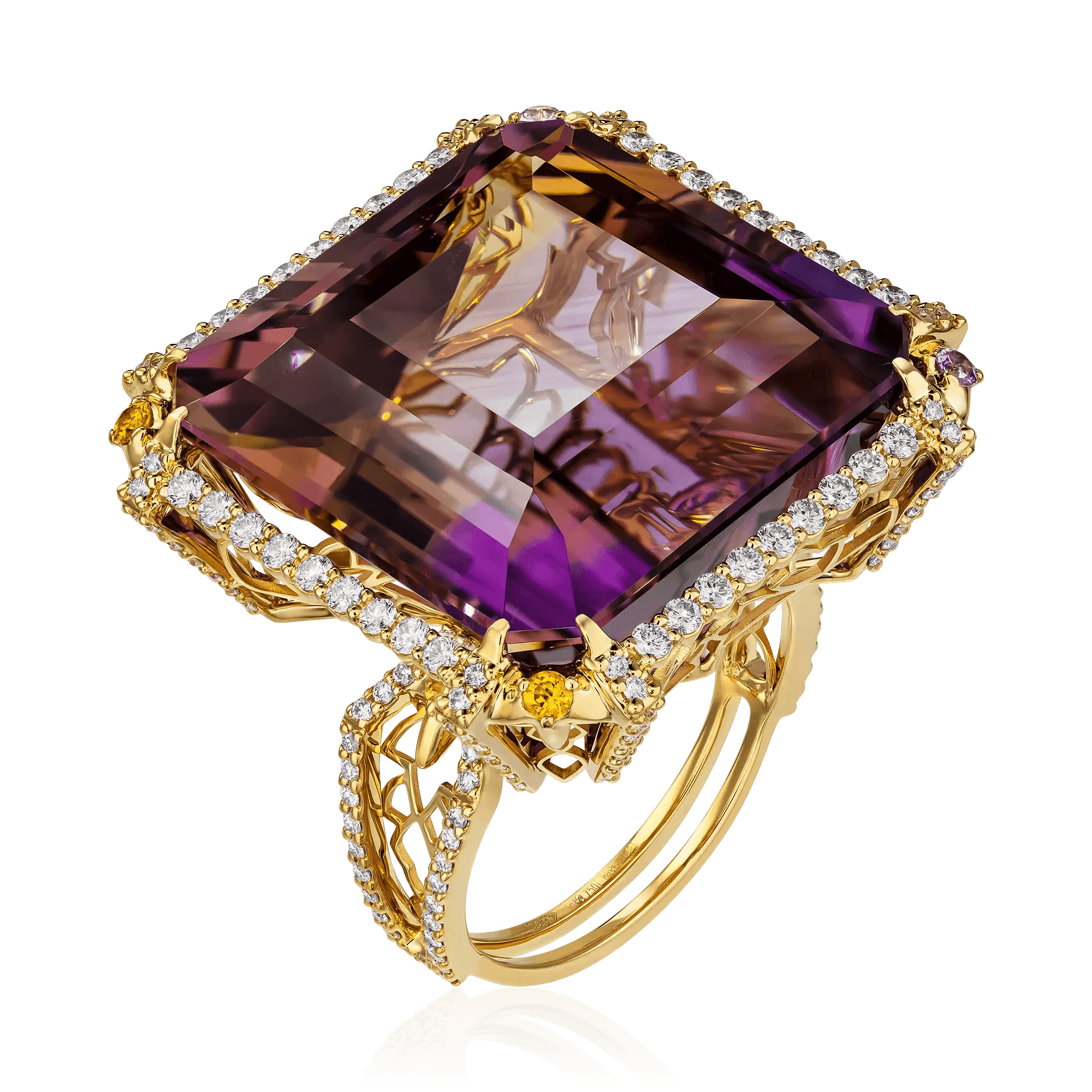 Кольцо с аметрином, сапфиром, бриллиантами из желтого золота 750 пробы, фото № 1