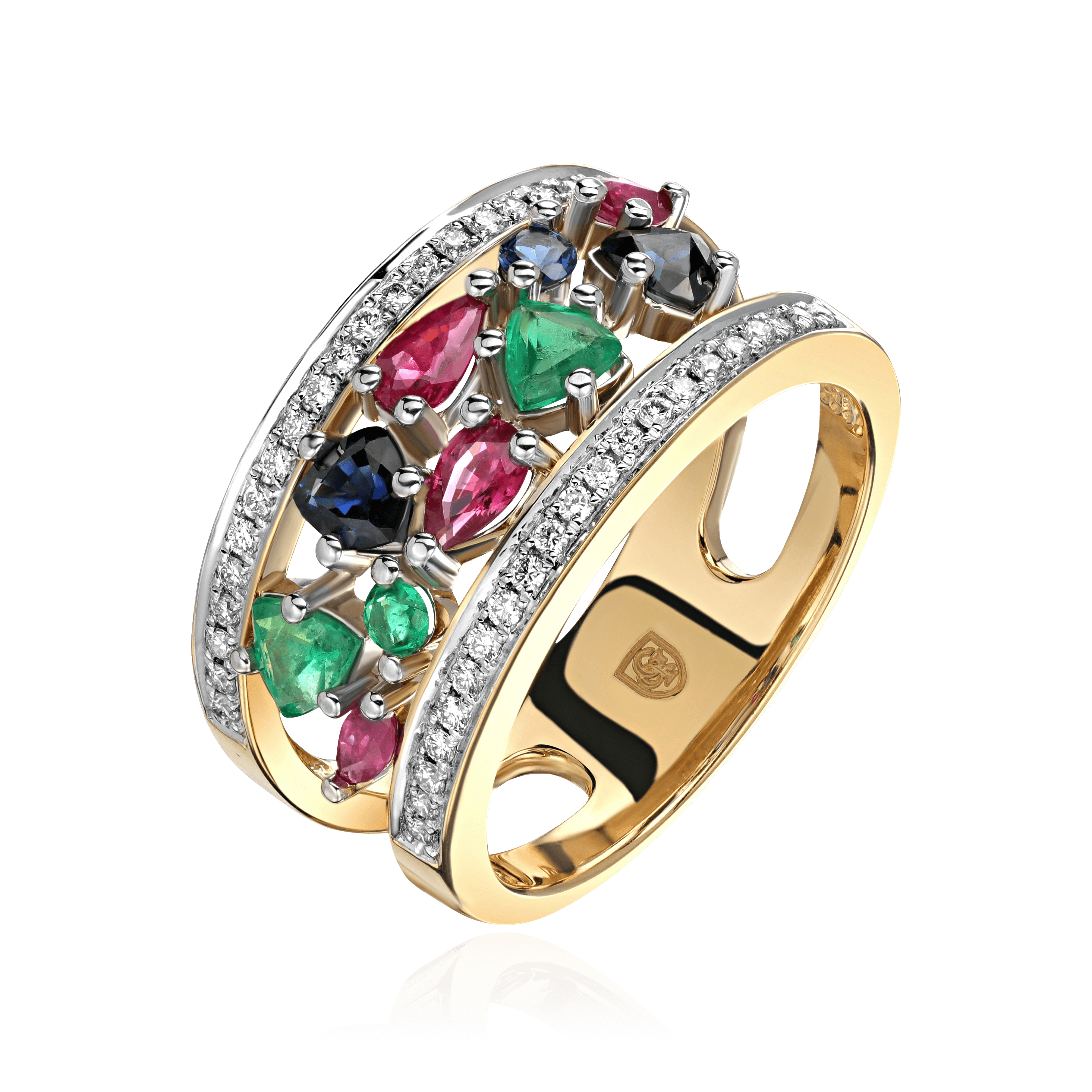 Кольцо с рубином, сапфиром, изумрудом, бриллиантами из комбинированного золота 750 пробы (арт. 104313)