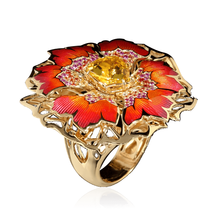 Кольцо Василек из коллекции Botanic с бериллом, цветными сапфирами, бриллиантами и эмалью в желтом золоте 750 пробы (арт. 34618)