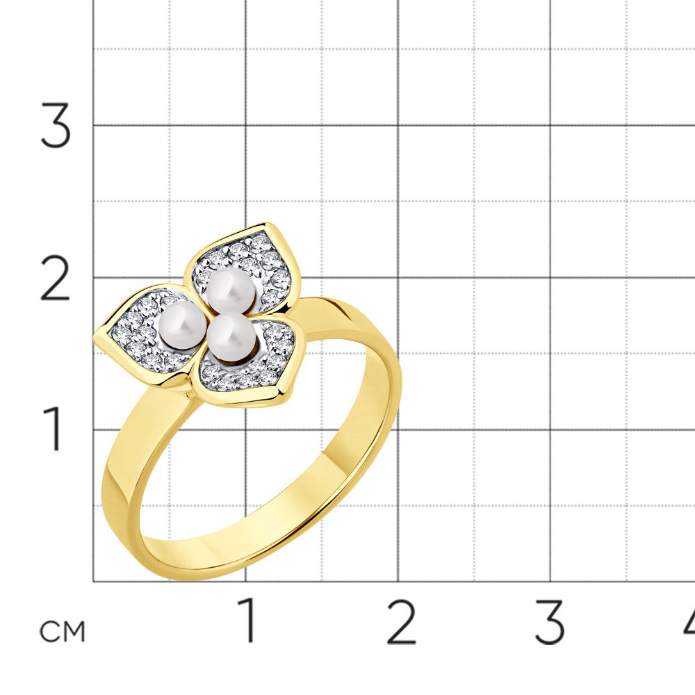 Кольцо с жемчугом, бриллиантами из желтого золота 585 пробы, фото № 2