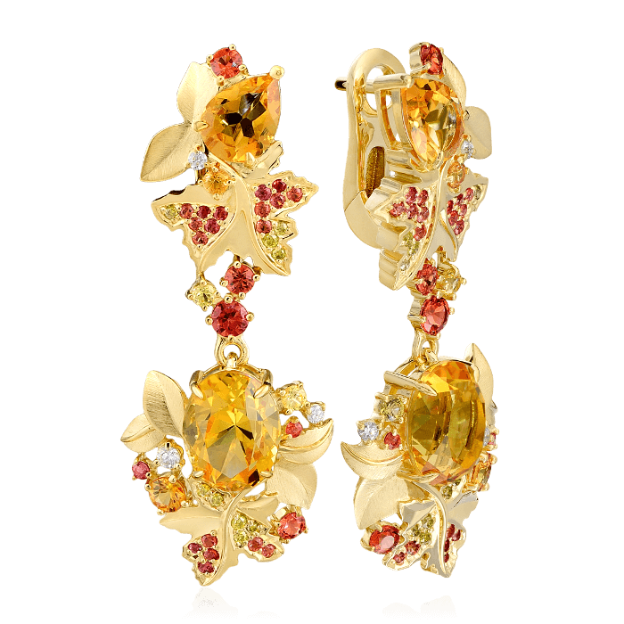 Длинные серьги с цитрином, бриллиантами, цветными сапфирами из желтого золота 750 пробы (арт. 38602)