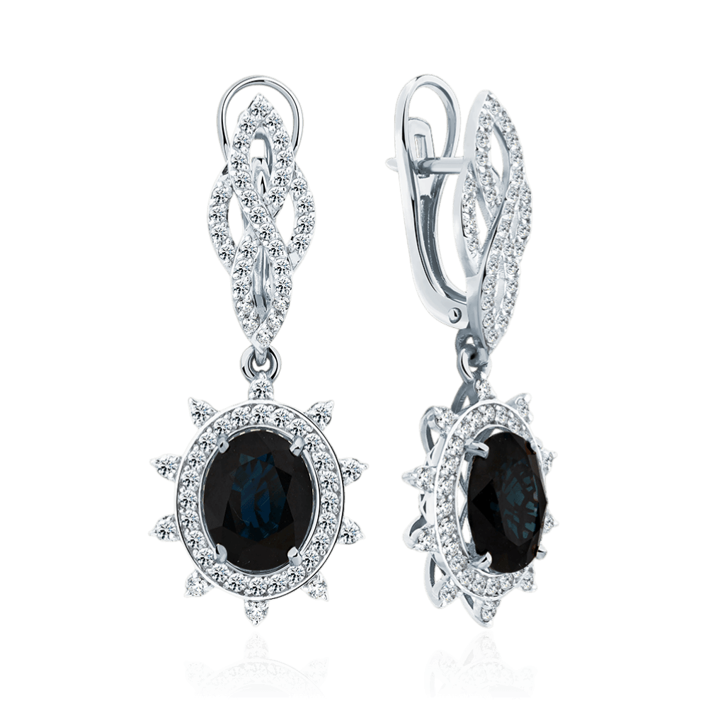 Серьги с сапфиром, бриллиантами из белого золота 585 пробы (арт. 128581)