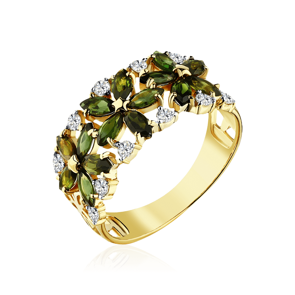 Кольцо в виде цветов с турмалином, бриллиантами из желтого золота 585 пробы (арт. 98287)