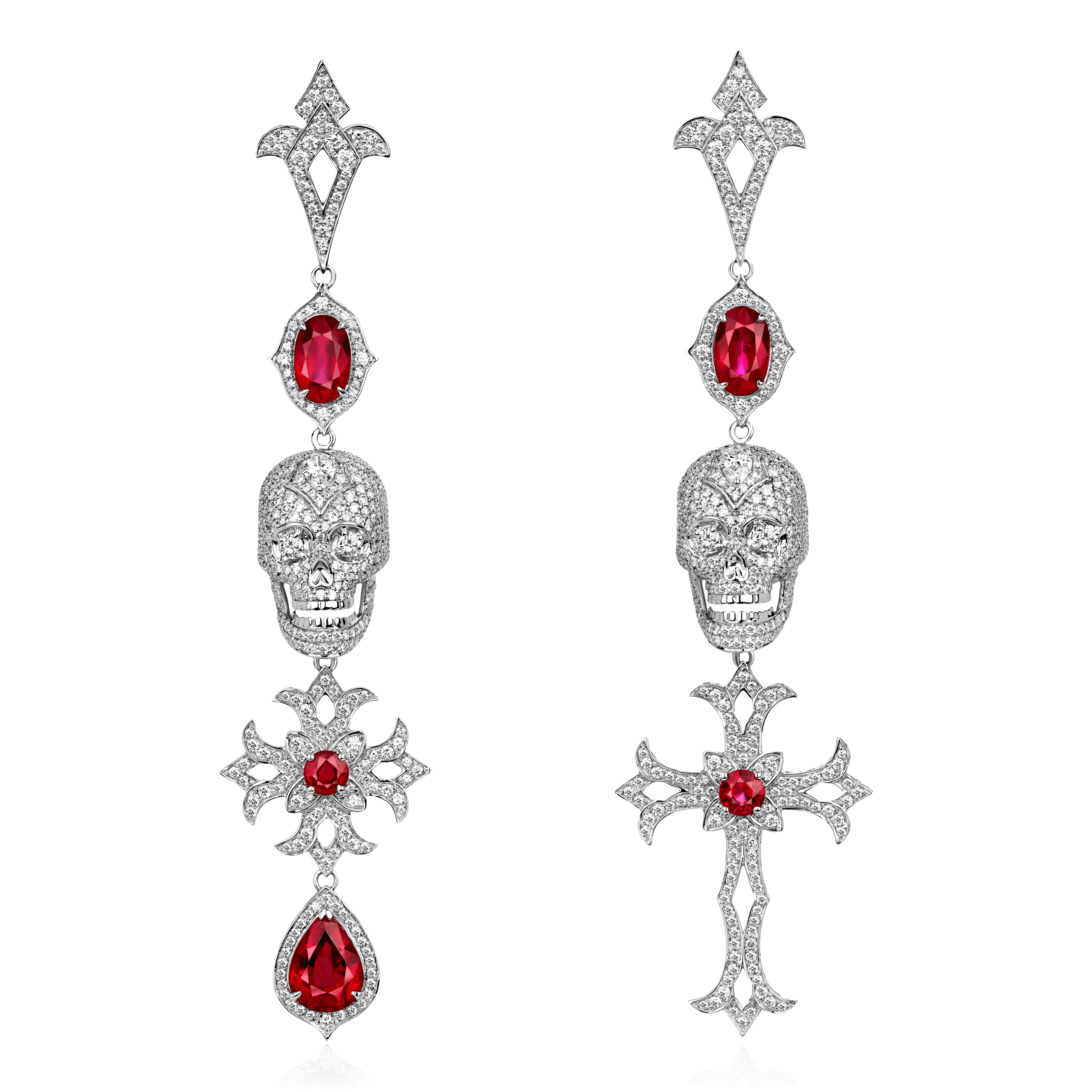 Серьги Черепа с рубином, бриллиантами из белого золота 750 пробы, фото № 1