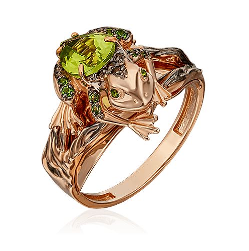 Кольцо Лягушка с хризолитом, кварцем из красного золота 585 пробы, фото № 1