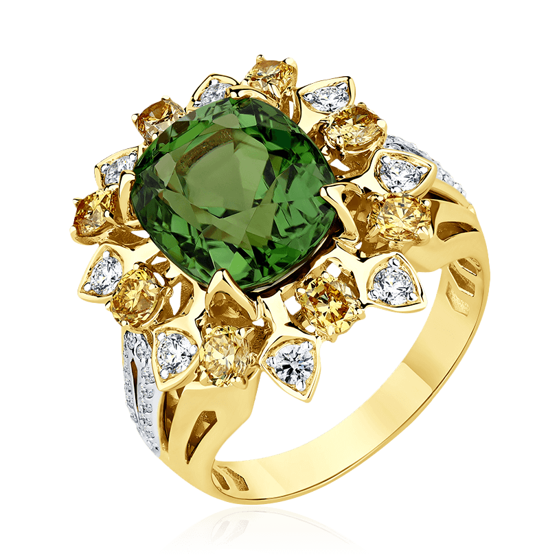 Кольцо с бриллиантами, турмалином из желтого золота 585 пробы (арт. 104599)