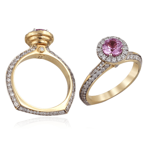 Кольцо с розовым сапфиром, бриллиантами из желтого золота 750 пробы (арт. 65945)