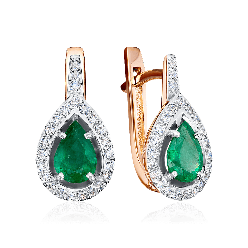 Серьги с изумрудом, бриллиантами из красного золота 585 пробы, фото № 1