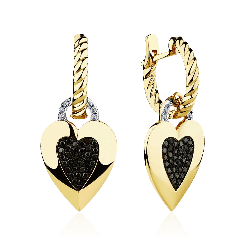 Серьги в форме сердец с бриллиантами из желтого золота 585 пробы (арт. 97939)