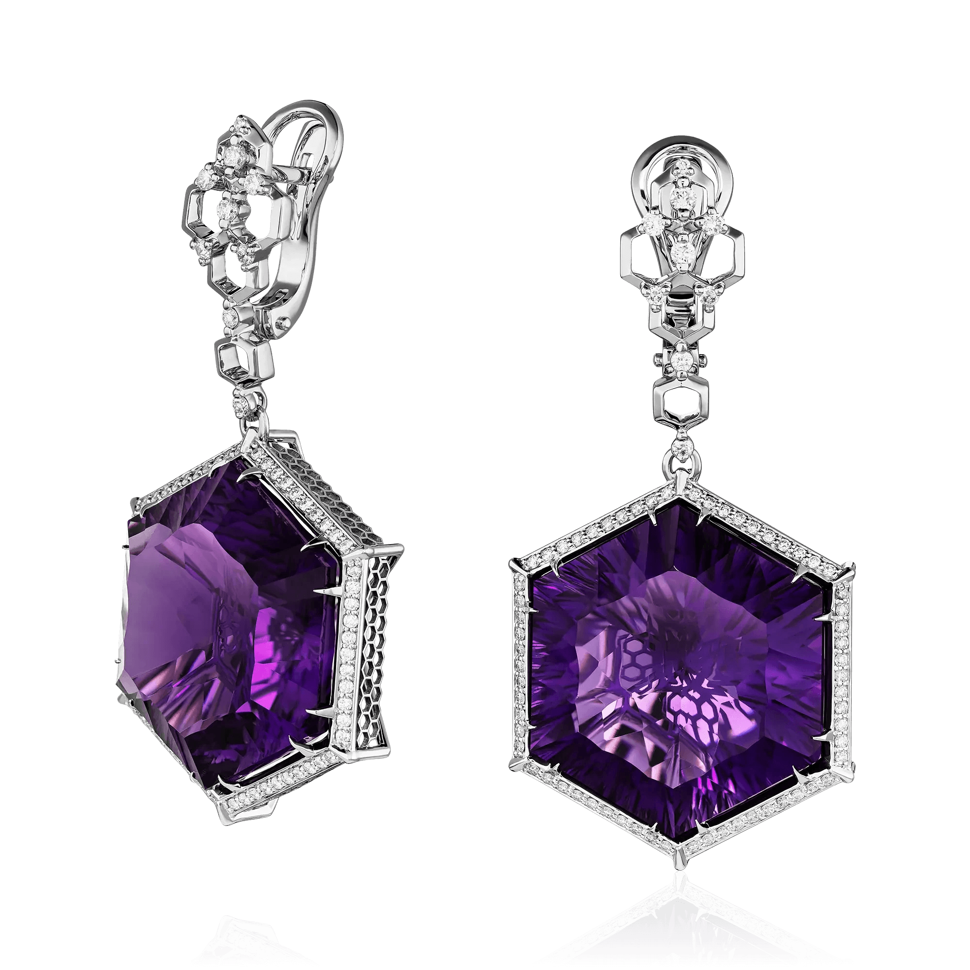 Серьги с аметистом, бриллиантами из белого золота 585 пробы (арт. 127238)