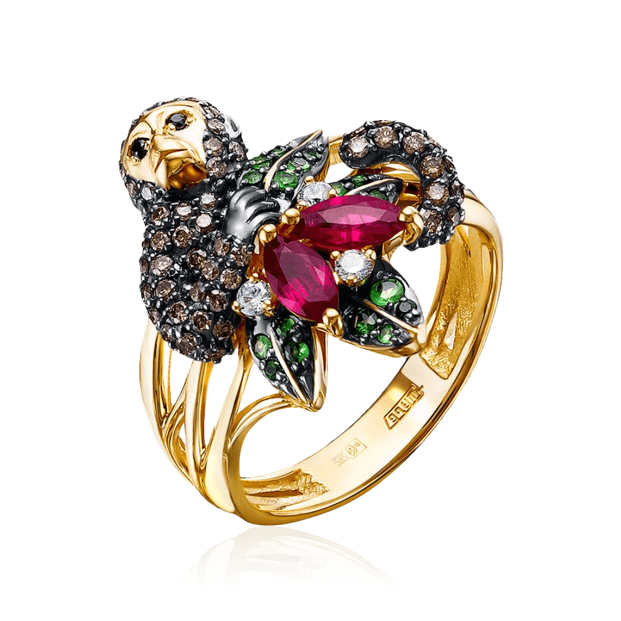 Кольцо Обезьянка с рубином, бриллиантами из желтого золота 585 пробы, фото № 1
