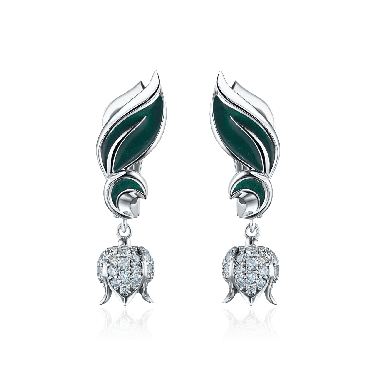 Серьги с бриллиантами, эмалью из белого золота 585 пробы (арт. 123890)