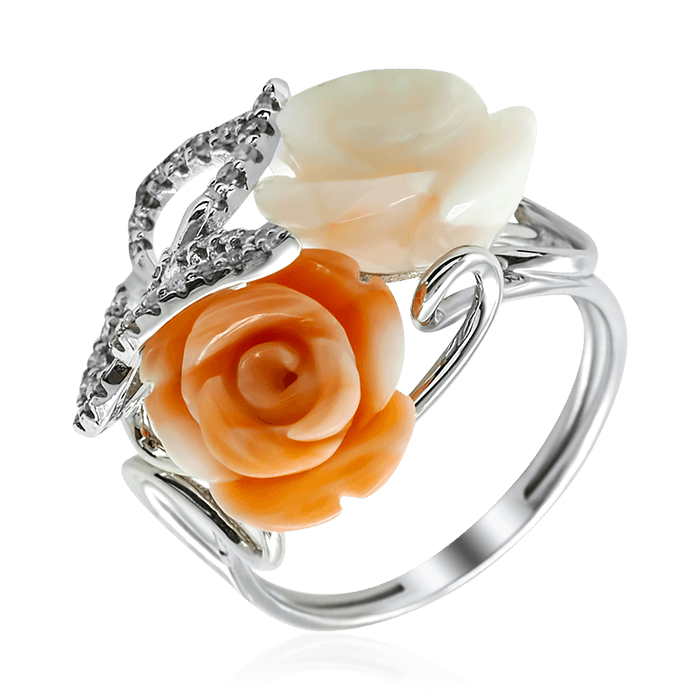 Кольцо Розы с кораллом, бриллиантами из белого золота 585 пробы (арт. 81508)