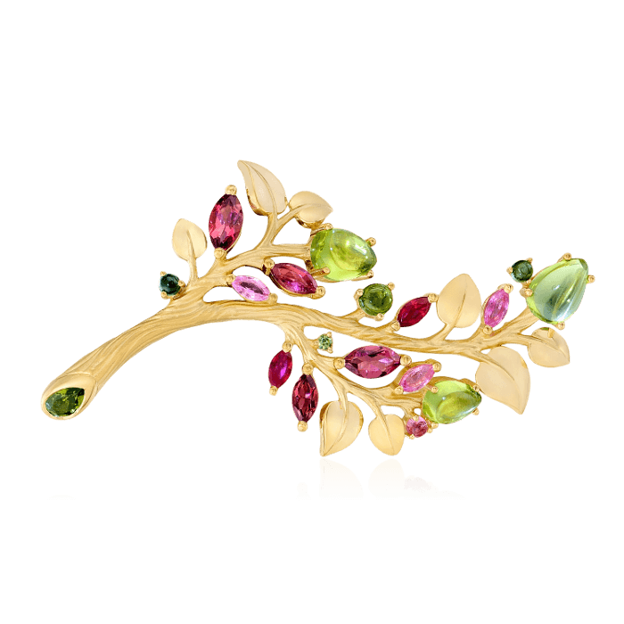 Брошь с рубином, хризолитом, турмалином, демантоидом, цветными сапфирами из желтого золота 750 пробы, фото № 1