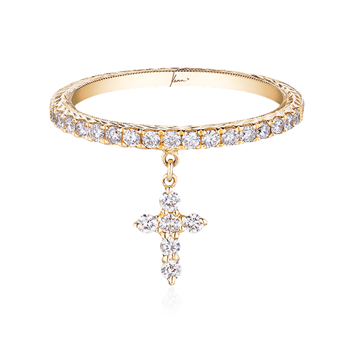 Кольцо с подвесным крестом с бриллиантами из желтого золота 750 пробы, фото № 1