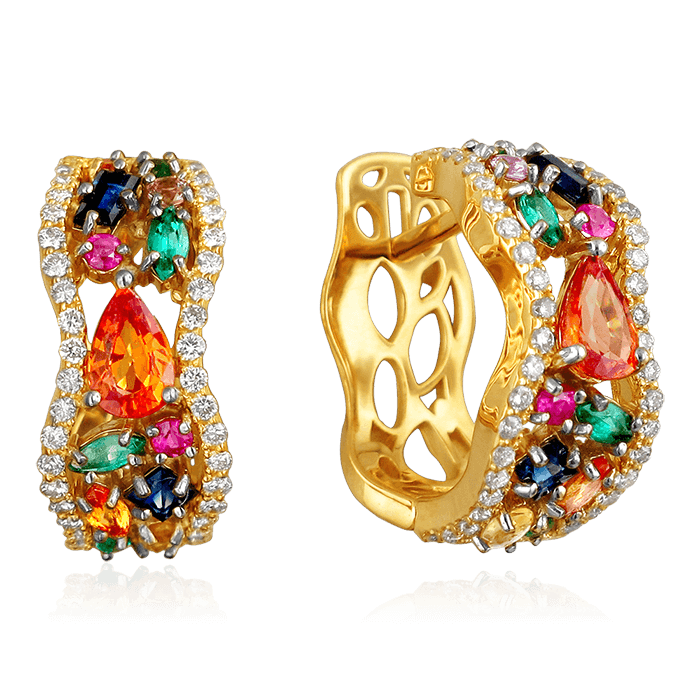 Серьги с рубином, бриллиантами, изумрудом, цветными сапфирами из комбинированного золота 750 пробы, фото № 1