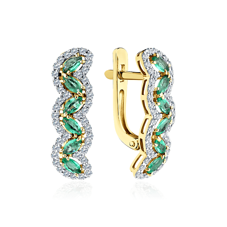 Серьги с бриллиантами, изумрудом из желтого золота 585 пробы (арт. 101428)