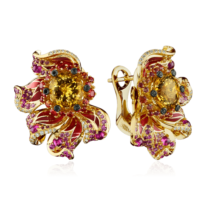 Серьги цветочные с цитрином, эмалью, бриллиантами, цветными сапфирами из желтого золота 750 пробы (арт. 42232)
