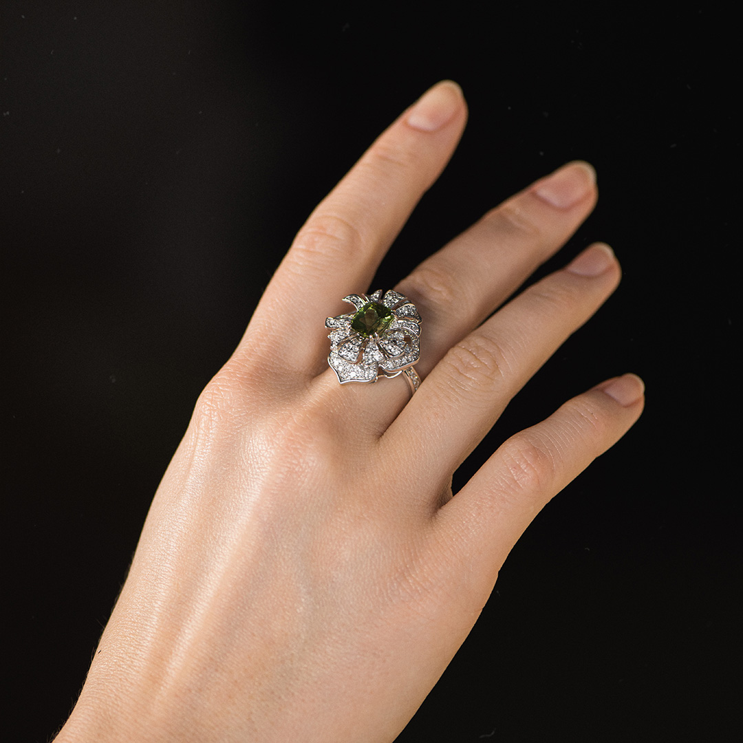 Кольцо с турмалином, бриллиантами из белого золота 585 пробы, фото № 2