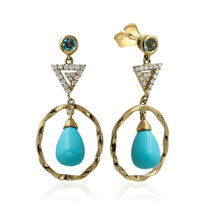 Серьги с топазом, бриллиантами, бирюзой из красного золота 585 пробы, фото № 1