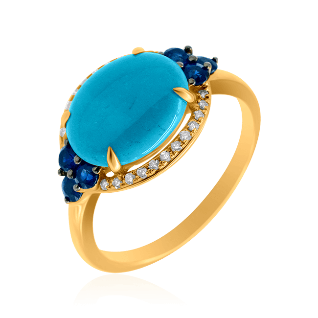 Кольцо с сапфиром, бриллиантами, бирюзой из желтого золота 585 пробы, фото № 1