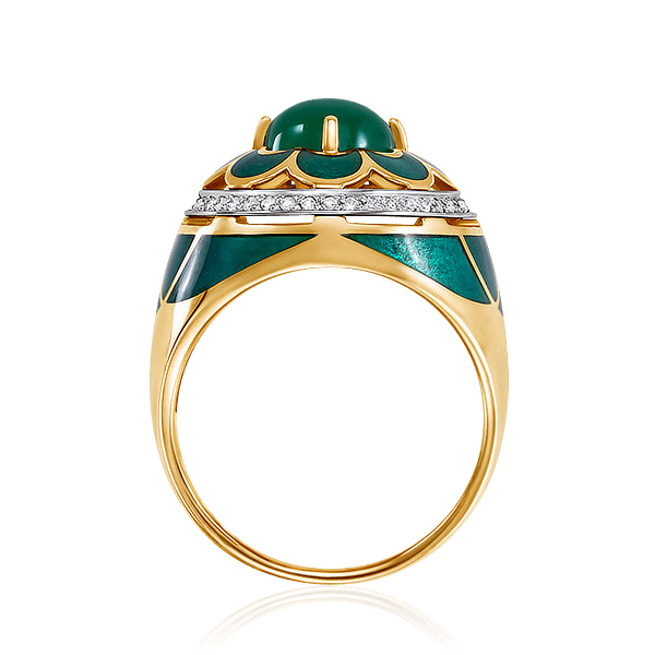Крупное кольцо из коллекции «Аристократка» с ониксом, изумрудом, бриллиантами, эмалью из желтого золота 750 пробы, фото № 3