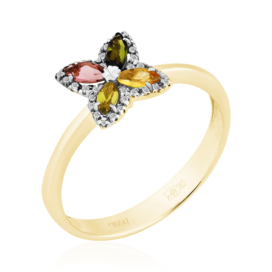Кольцо с турмалином, бриллиантами из желтого золота 585 пробы (арт. 95032)