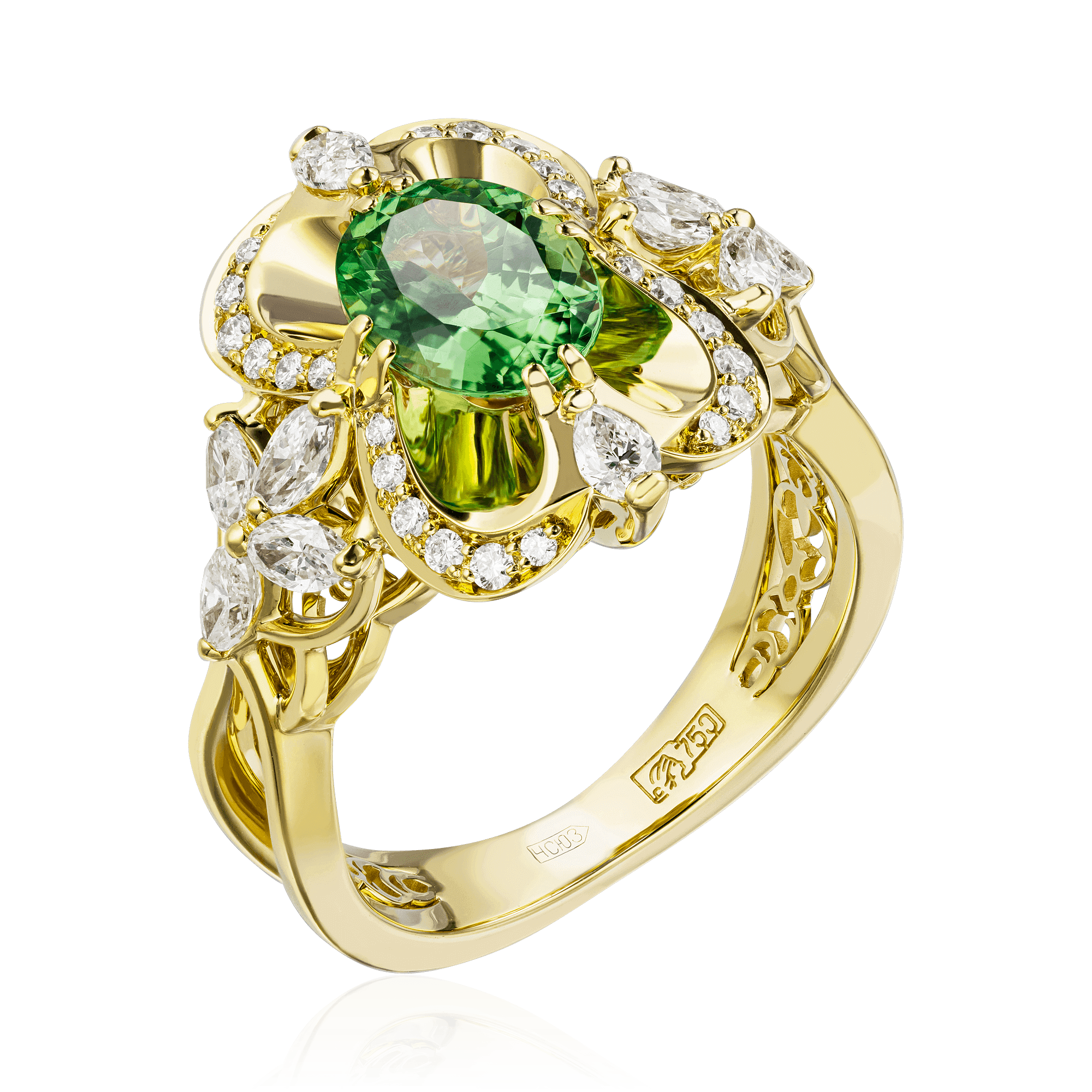 Кольцо с тсаворитом, бриллиантами из желтого золота 750 пробы, фото № 1