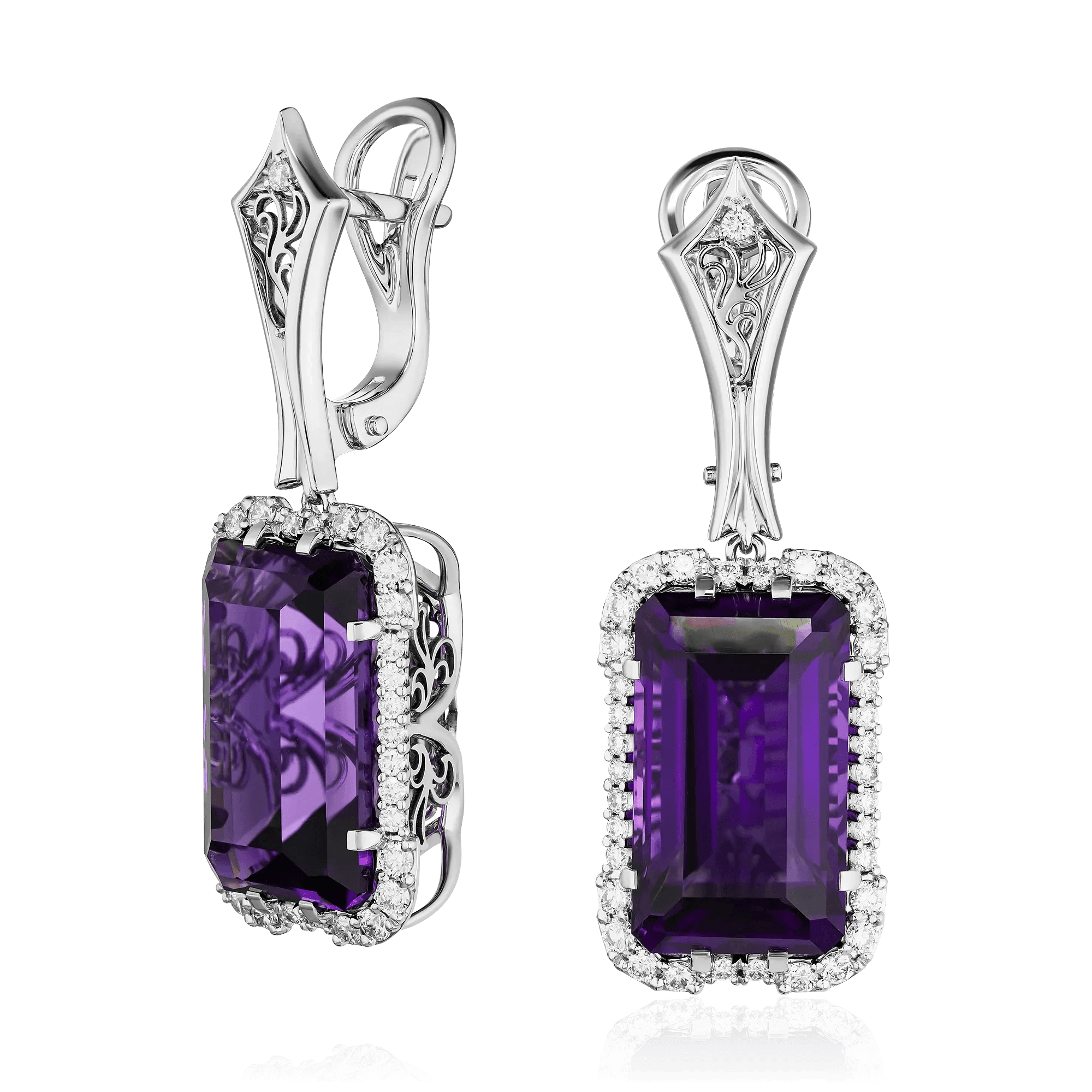 Серьги с аметистом, бриллиантами из белого золота 585 пробы (арт. 128448)