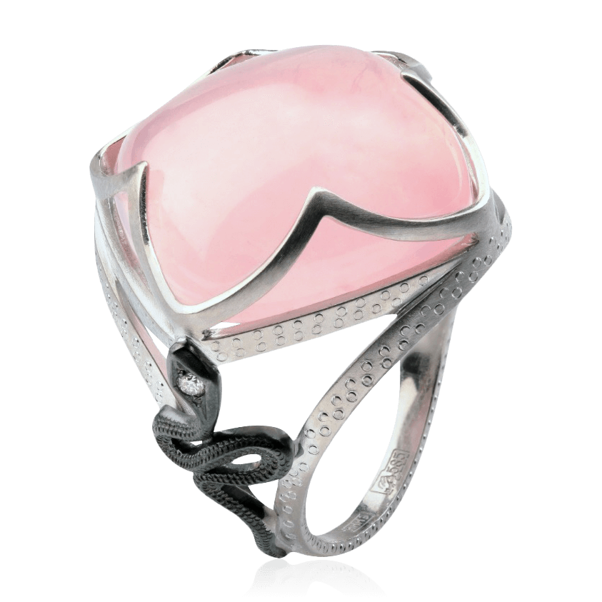 Коктейльное кольцо с розовым кварцем, бриллиантами из белого золота 585 пробы (арт. 91683)