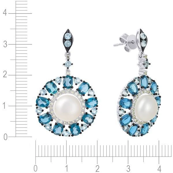 Серьги с жемчугом, топазом, бриллиантами из белого золота 585 пробы, фото № 3
