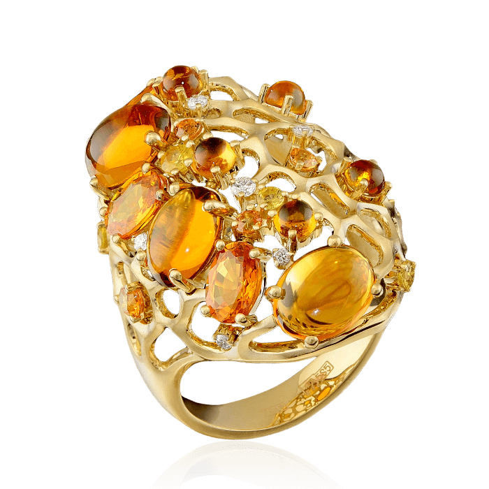 Кольцо с цитринами, желтыми и оранжевыми сапфирами, бриллиантами в желтом золоте 585 пробы (арт. 35212)
