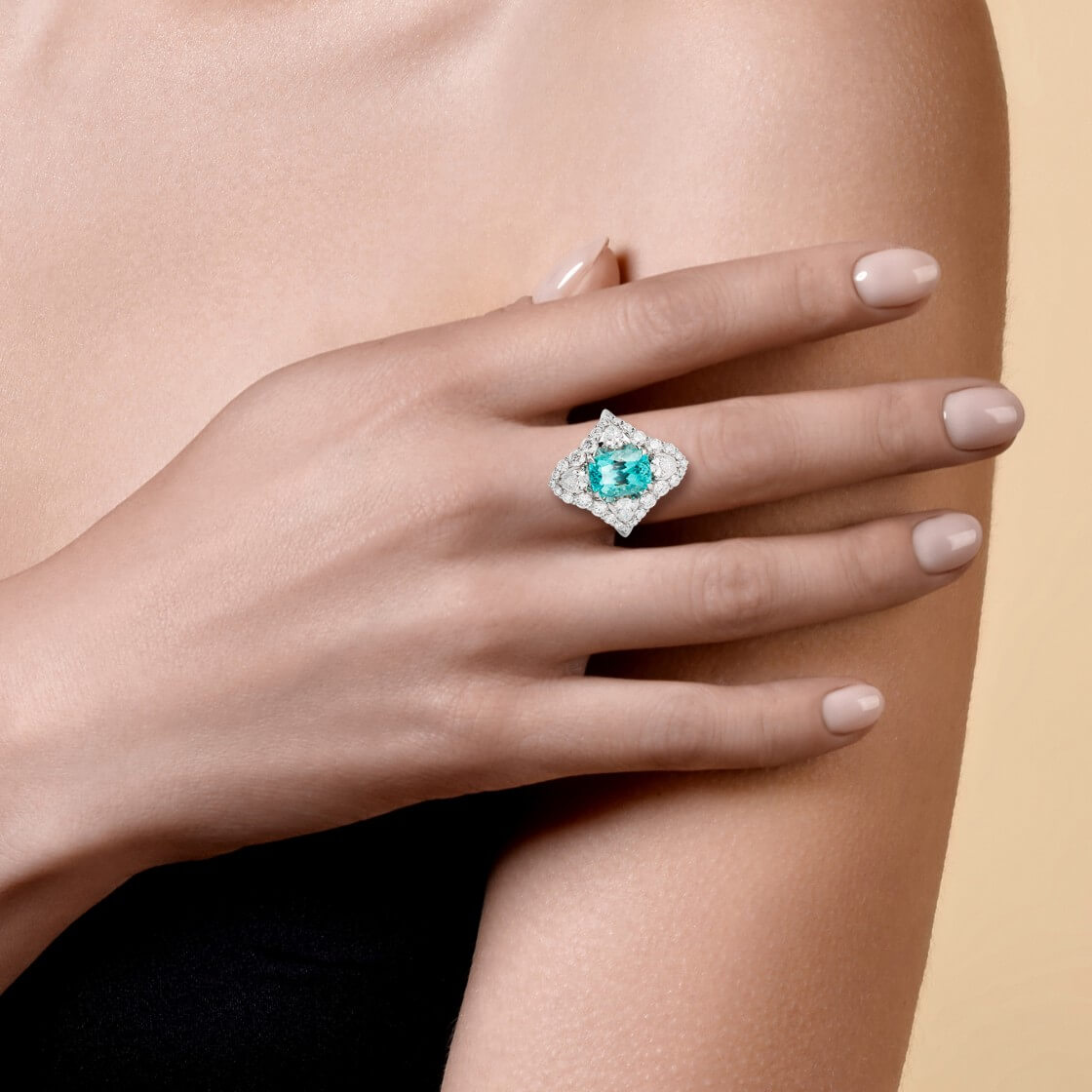 Кольцо с Параиба турмалином, бриллиантами из белого золота 750 пробы, фото № 2