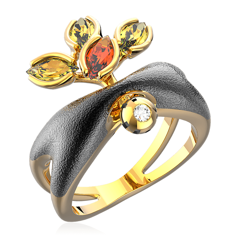 Кольцо с желтыми сапфирами, бриллиантами из комбинированного золота 585 пробы, фото № 1