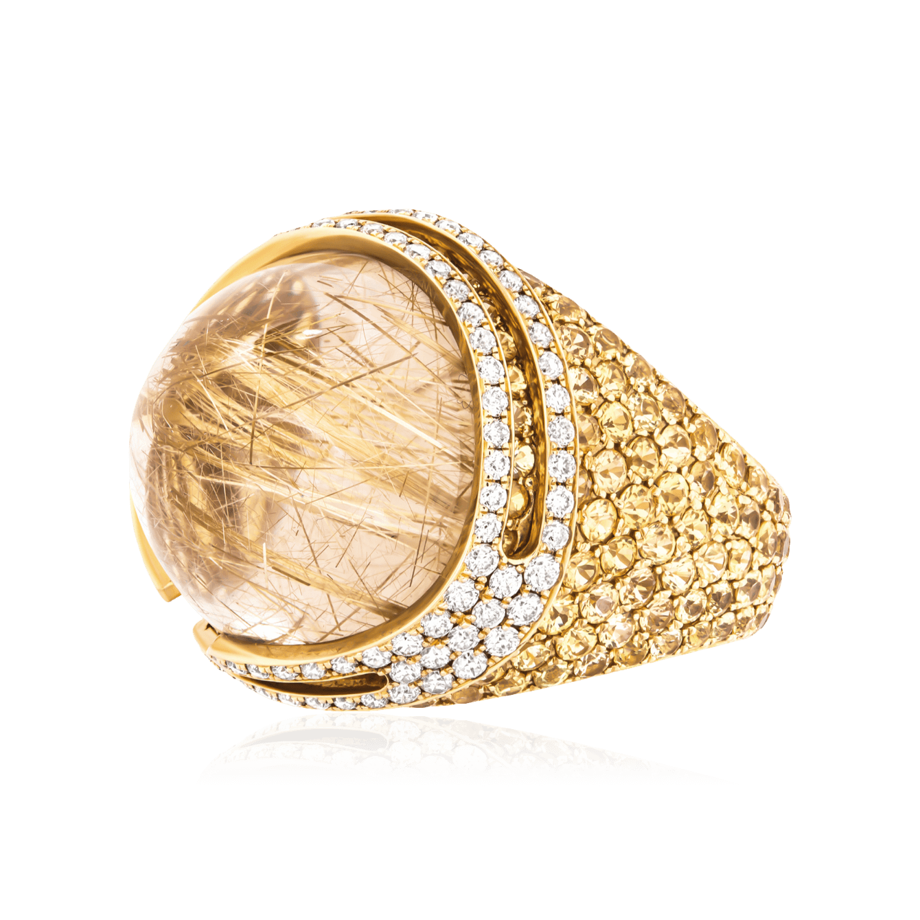 Кольцо с кварцем, сапфиром, бриллиантами из желтого золота 750 пробы, фото № 2