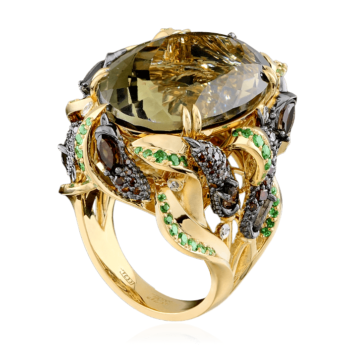 Кольцо с цветными камнями и бриллиантами в желтом золоте 750 пробы, фото № 1