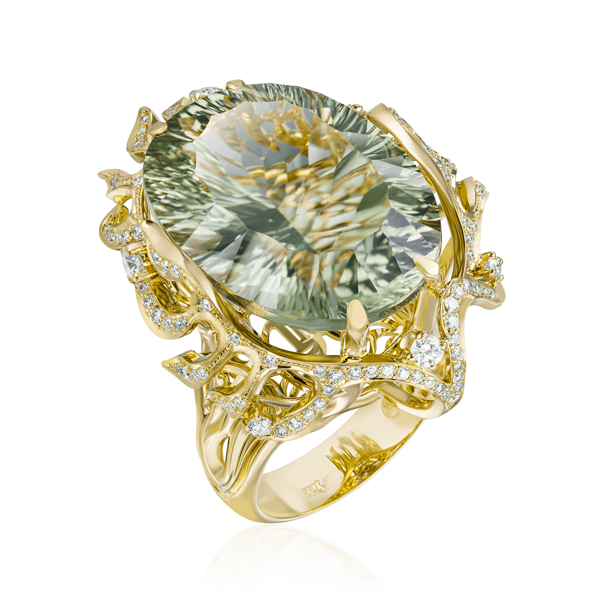 Кольцо с кварцем, бриллиантами из желтого золота 750 пробы (арт. 90853)