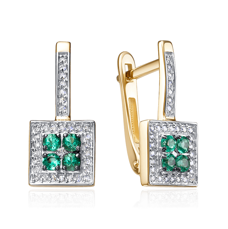 Серьги с бриллиантами, изумрудом из желтого золота 585 пробы (арт. 129809)