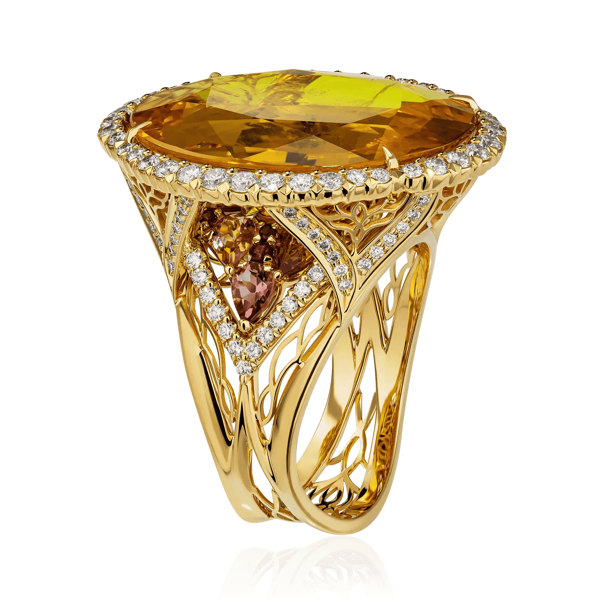 Кольцо с рубином, сапфиром, турмалином, бриллиантами из желтого золота 750 пробы, фото № 3