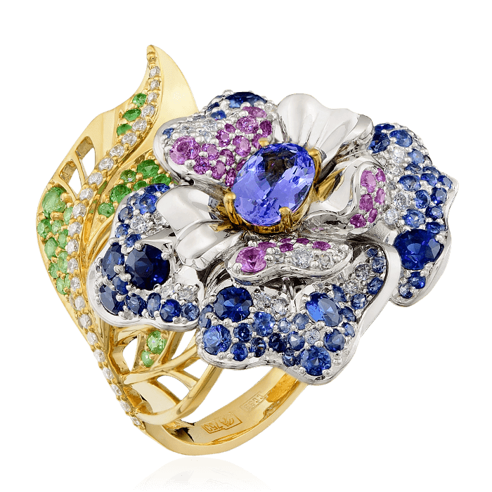 Кольцо в виде цветка с сапфиром, бриллиантами, демантоидом из комбинированного золота 750 пробы, фото № 1