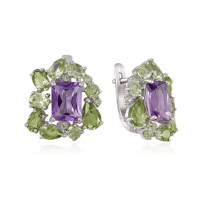 

Серьги с аметистом, хризолитом из серебра 925 пробы